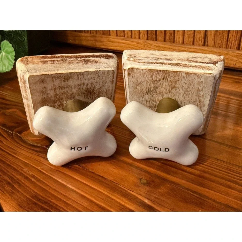 Hot Cold Faucet Knob Wall Hooks Set Rustic Farmhouse Wood Ceramic Bathroom